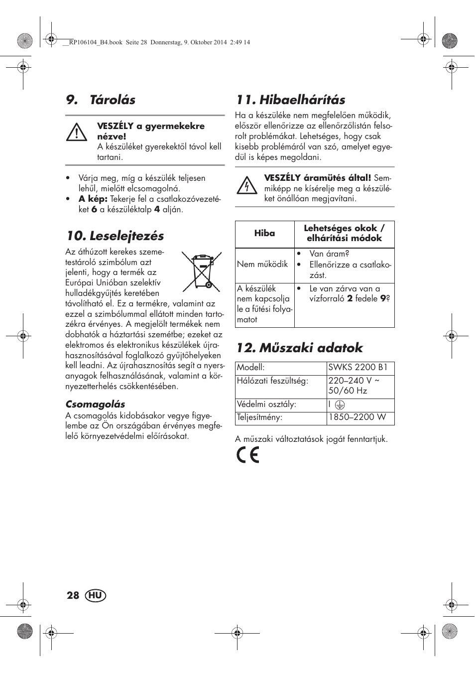 Tárolás, Leselejtezés, Hibaelhárítás | Mszaki adatok | Silvercrest SWKS 2200 B1 User Manual | Page 30 / 70