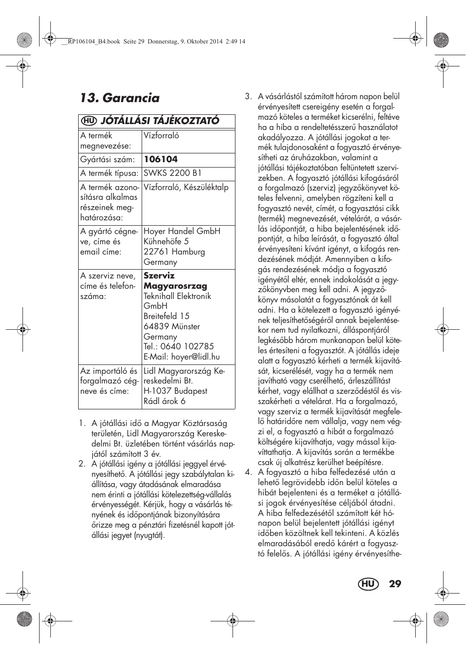 Garancia | Silvercrest SWKS 2200 B1 User Manual | Page 31 / 70