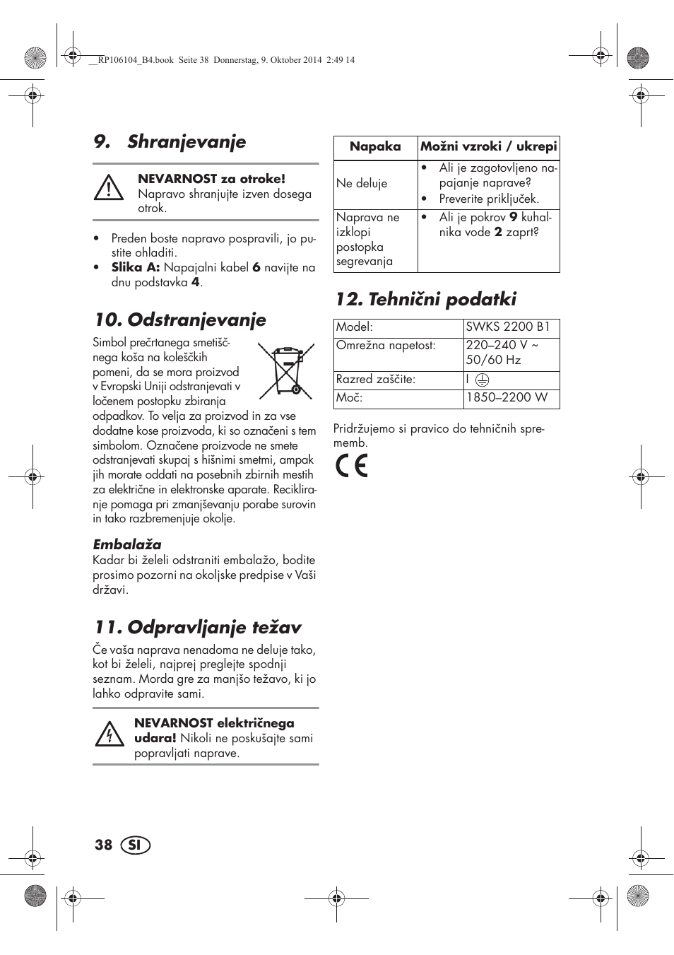 Shranjevanje, Odstranjevanje, Odpravljanje težav | Tehnini podatki | Silvercrest SWKS 2200 B1 User Manual | Page 40 / 70