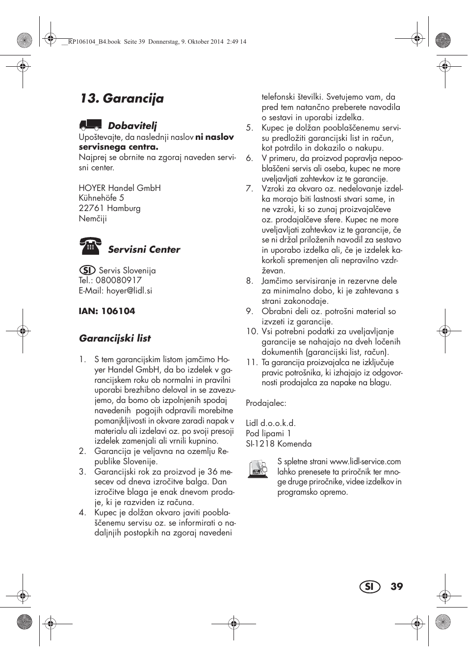 Garancija | Silvercrest SWKS 2200 B1 User Manual | Page 41 / 70