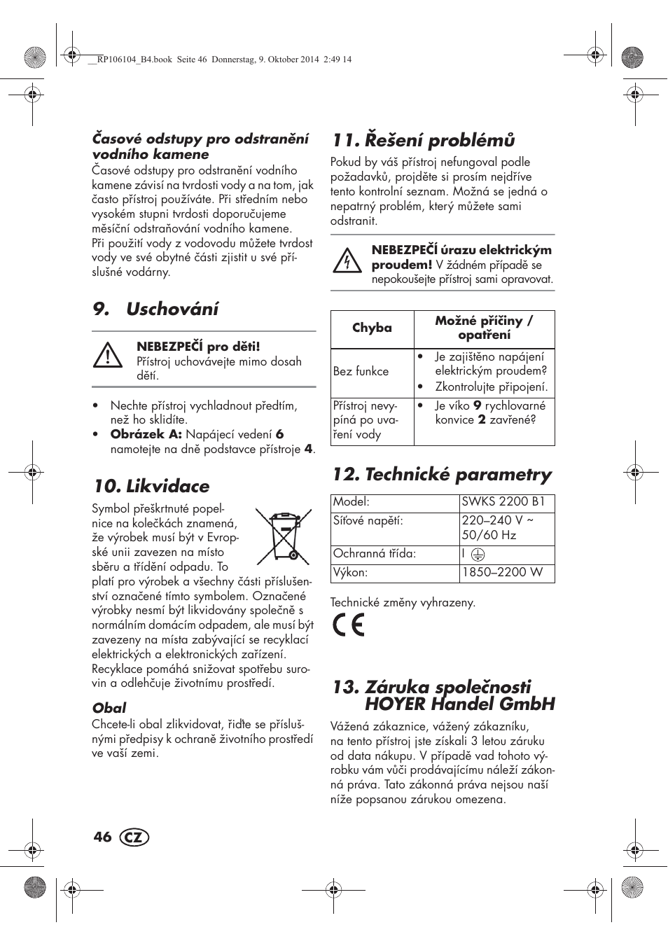 Uschování, Likvidace, ešení problém | Technické parametry, Záruka spolenosti hoyer handel gmbh | Silvercrest SWKS 2200 B1 User Manual | Page 48 / 70