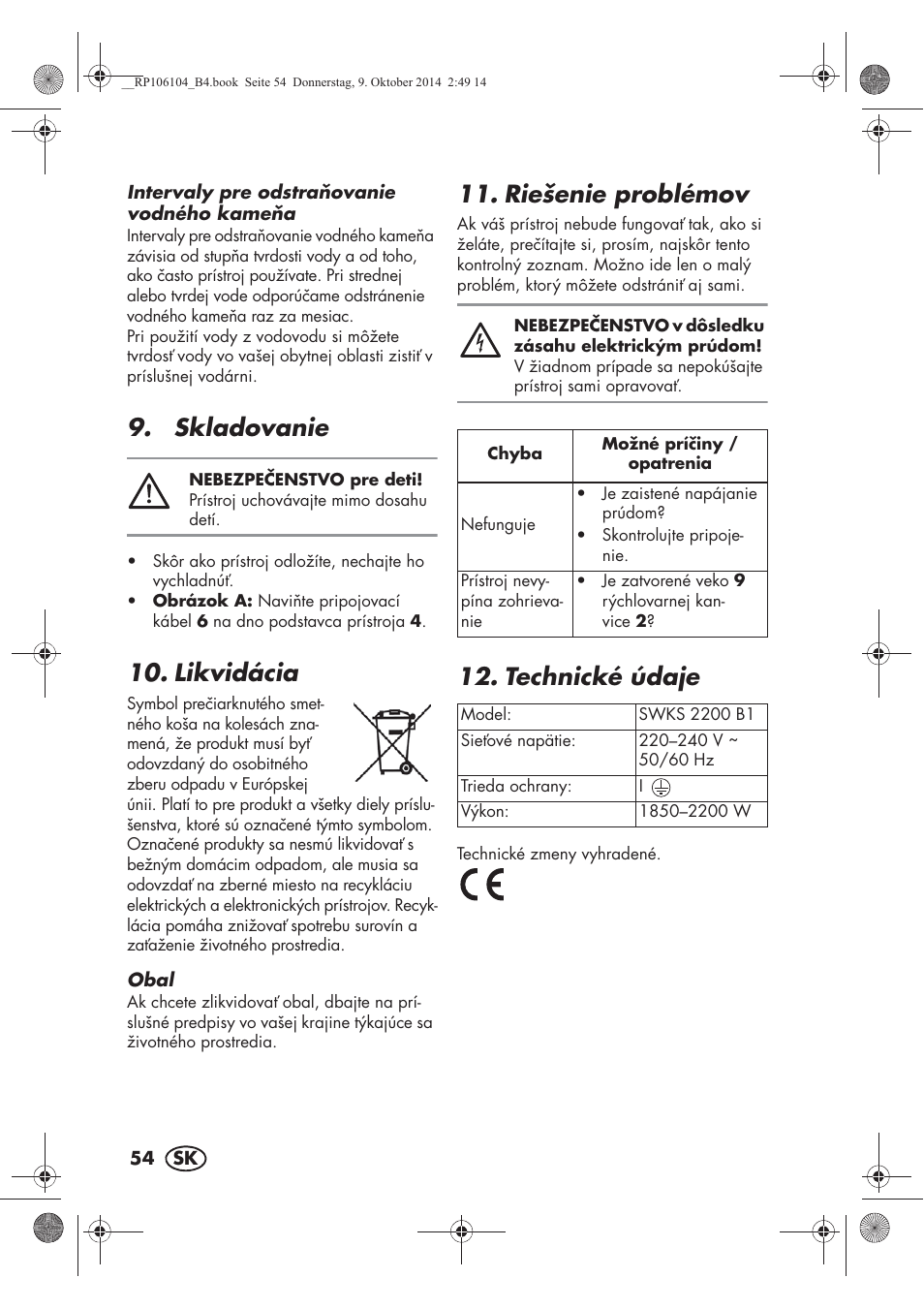 Skladovanie, Likvidácia, Riešenie problémov | Technické údaje | Silvercrest SWKS 2200 B1 User Manual | Page 56 / 70
