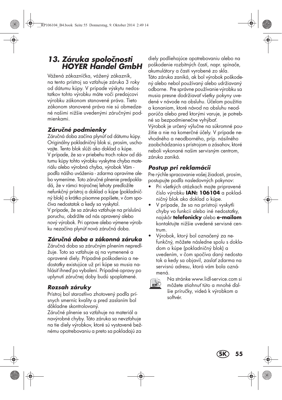 Záruka spolonosti hoyer handel gmbh | Silvercrest SWKS 2200 B1 User Manual | Page 57 / 70