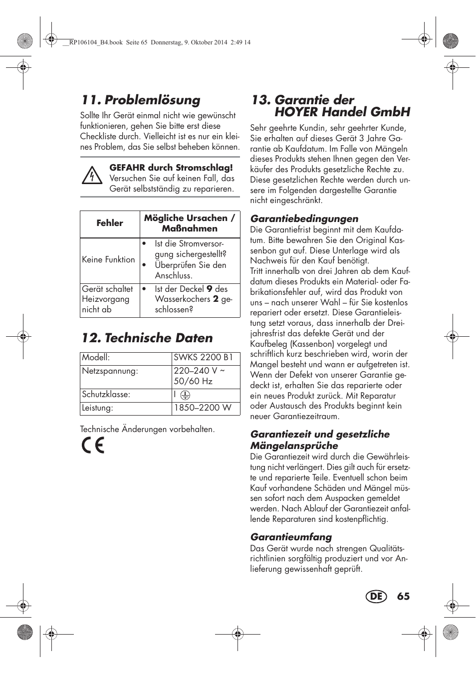 Problemlösung, Technische daten, Garantie der hoyerhandel gmbh | Silvercrest SWKS 2200 B1 User Manual | Page 67 / 70