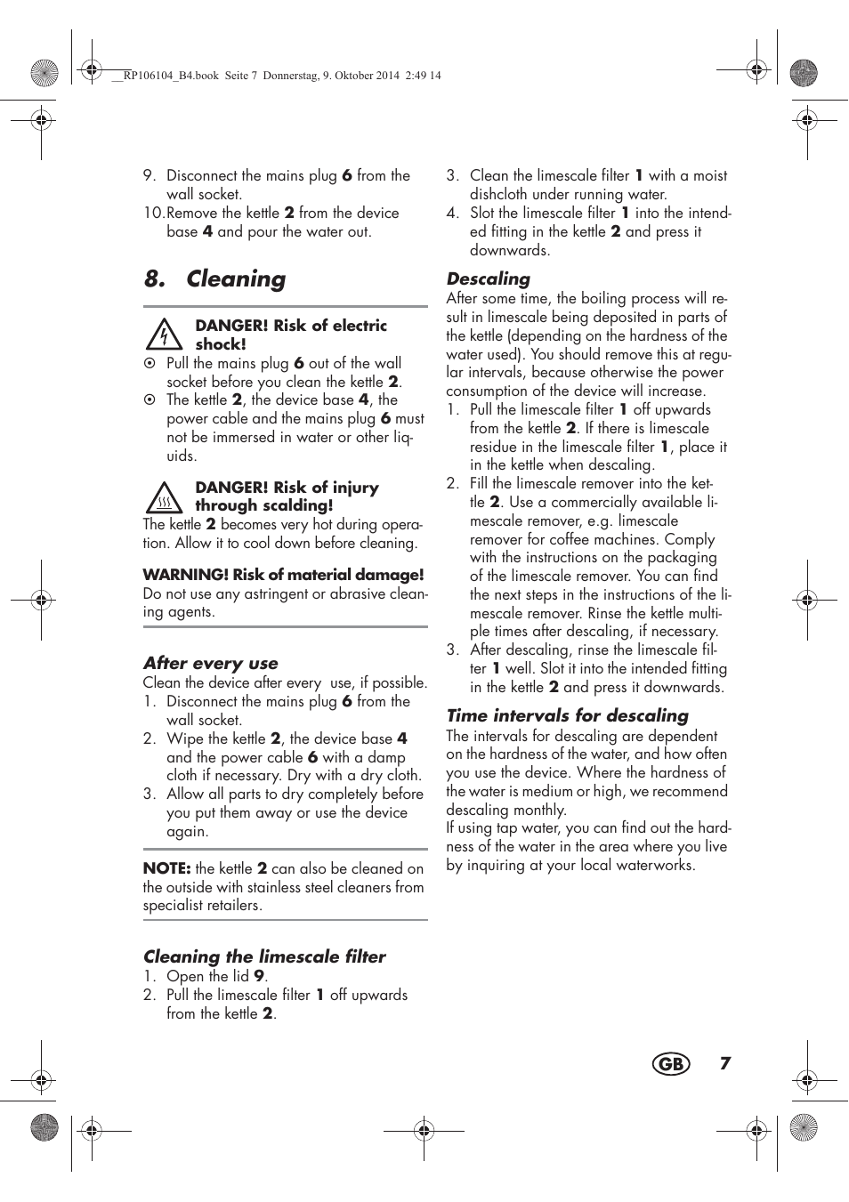 Cleaning | Silvercrest SWKS 2200 B1 User Manual | Page 9 / 70