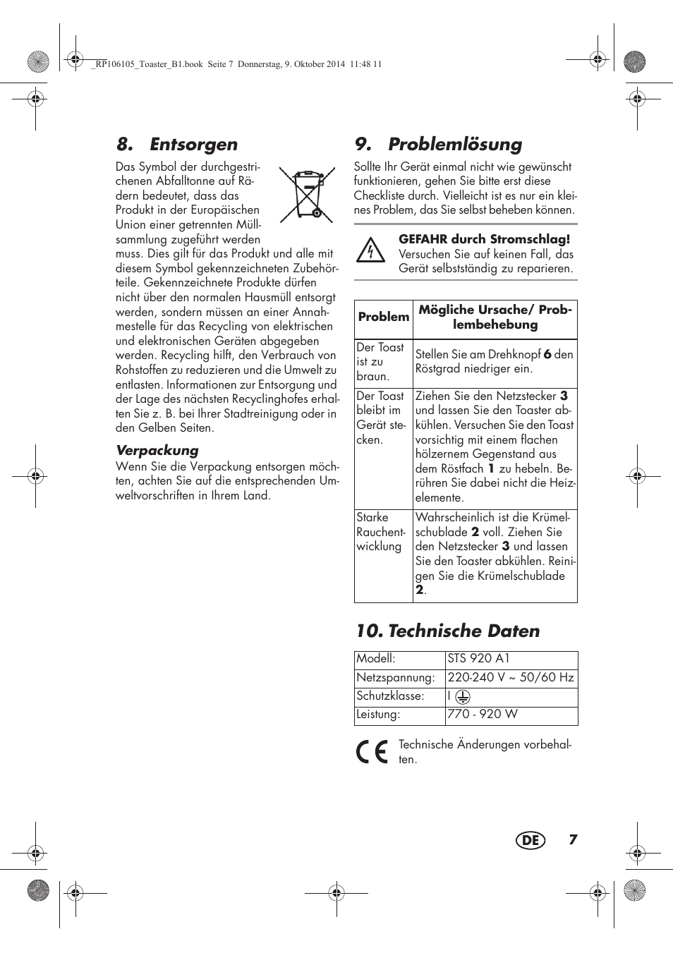 Entsorgen, Problemlösung, Technische daten | Silvercrest STS 920 A1 User Manual | Page 9 / 38