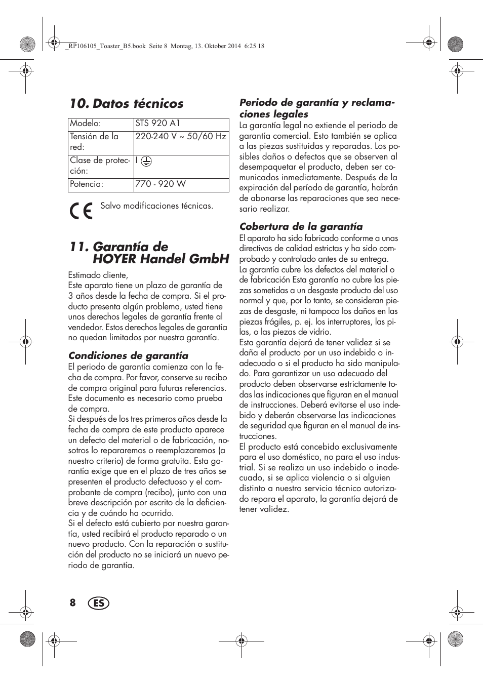 Datos técnicos, Garantía de hoyer handel gmbh | Silvercrest STS 920 A1 User Manual | Page 10 / 46