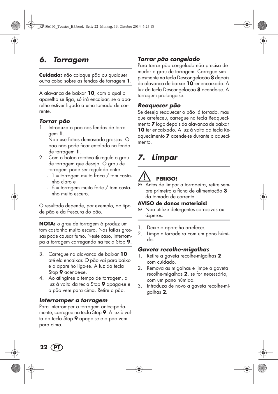 Torragem, Limpar | Silvercrest STS 920 A1 User Manual | Page 24 / 46