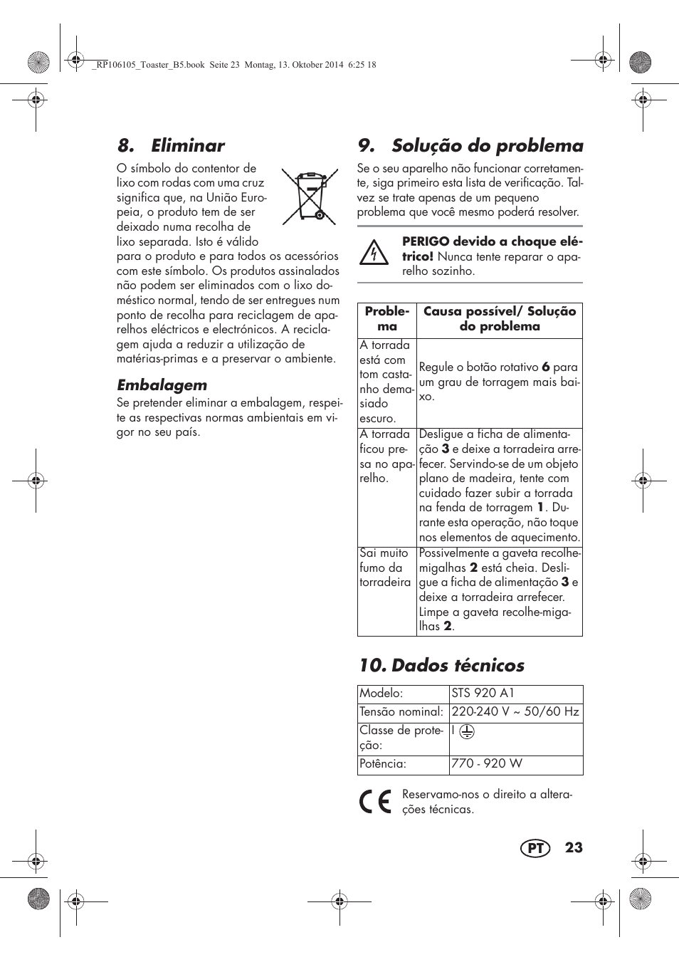 Eliminar, Solução do problema, Dados técnicos | Silvercrest STS 920 A1 User Manual | Page 25 / 46