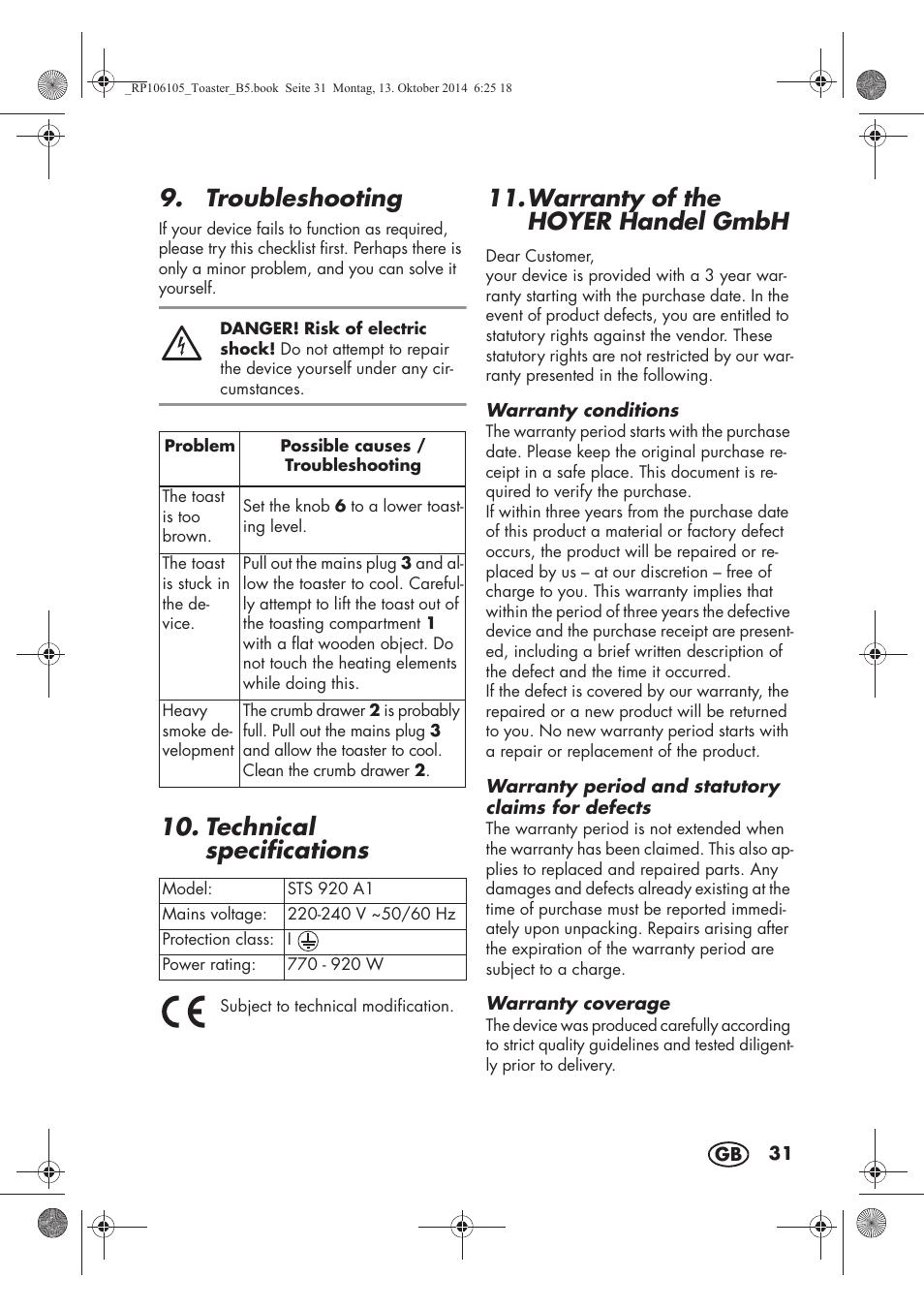 Troubleshooting, Technical specifications, Warranty of the hoyer handelgmbh | Silvercrest STS 920 A1 User Manual | Page 33 / 46