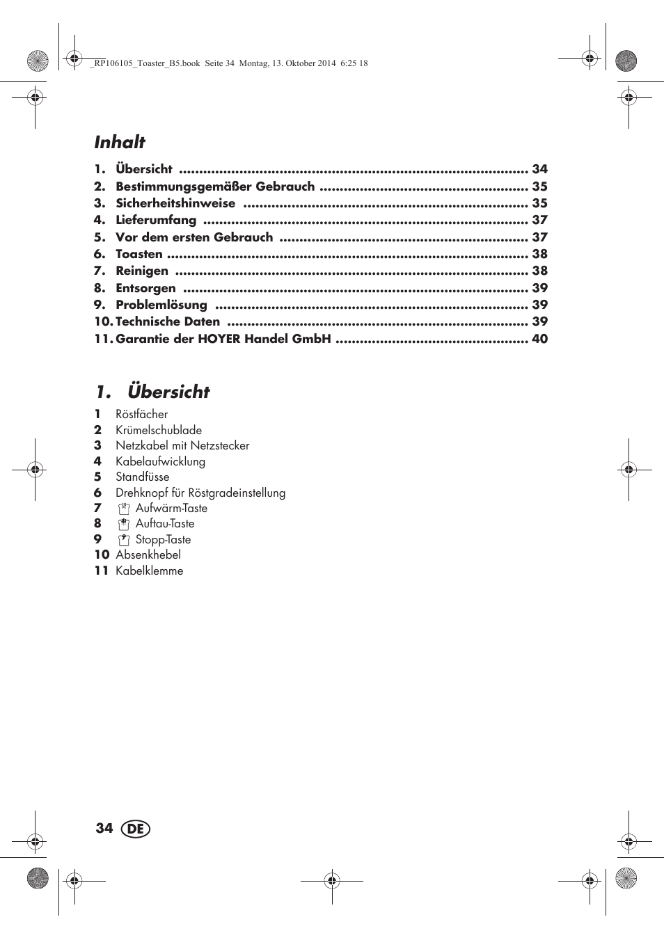 Inhalt, Übersicht | Silvercrest STS 920 A1 User Manual | Page 36 / 46