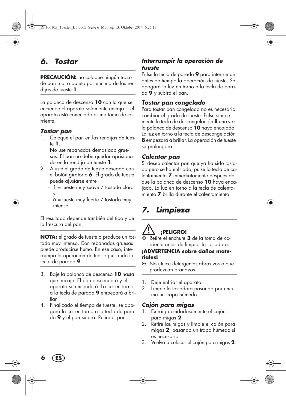 Tostar, Limpieza | Silvercrest STS 920 A1 User Manual | Page 8 / 46