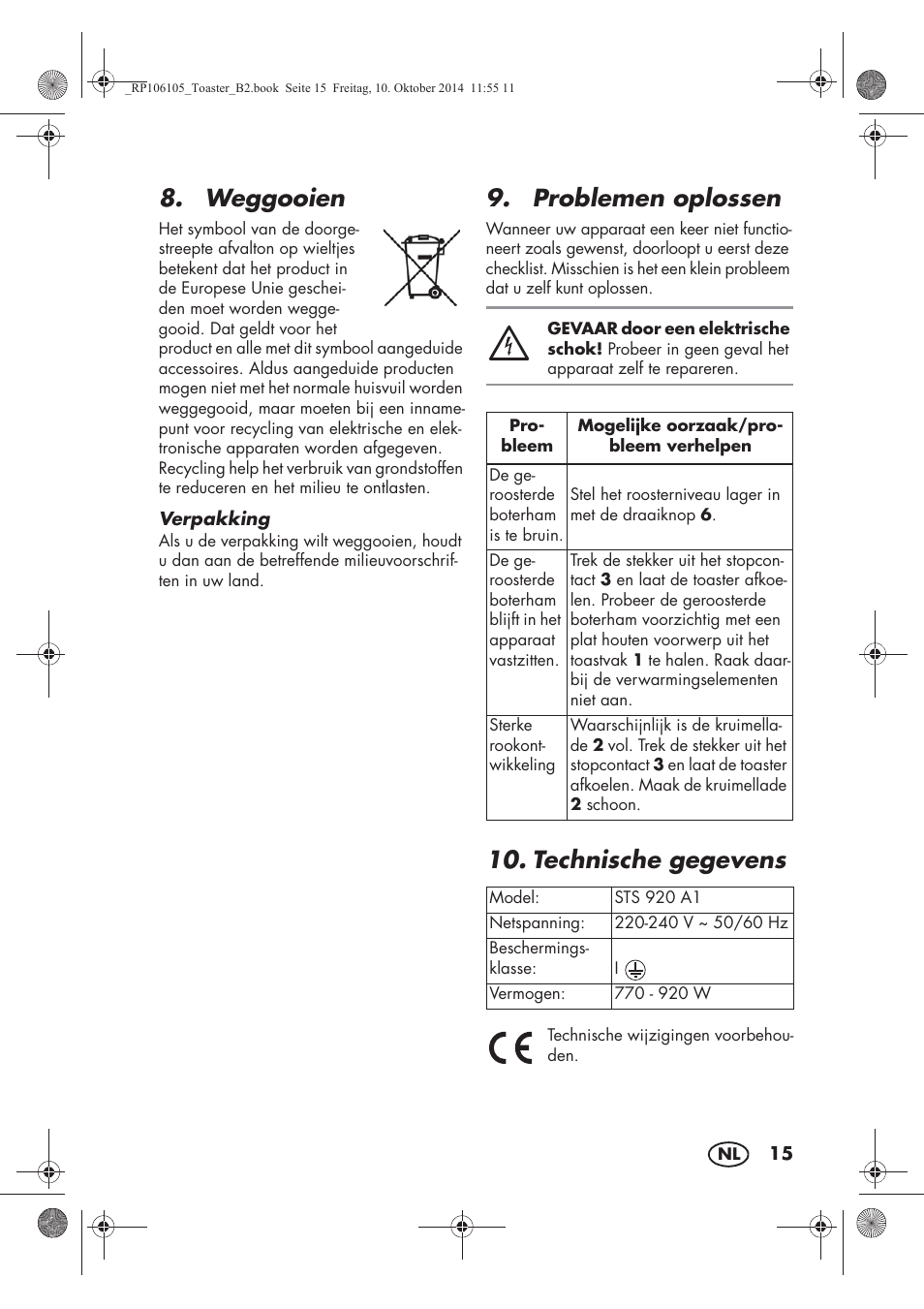 Weggooien, Problemen oplossen, Technische gegevens | Silvercrest STS 920 A1 User Manual | Page 17 / 38