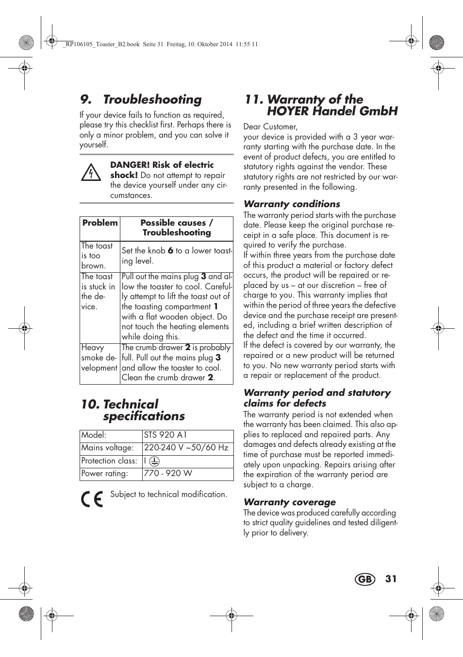 Troubleshooting, Technical specifications, Warranty of the hoyer handel gmbh | Silvercrest STS 920 A1 User Manual | Page 33 / 38