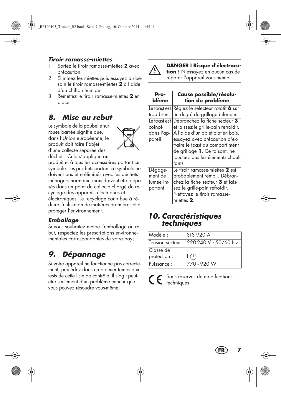 Dépannage, Caractéristiques techniques, Mise au rebut | Silvercrest STS 920 A1 User Manual | Page 9 / 38