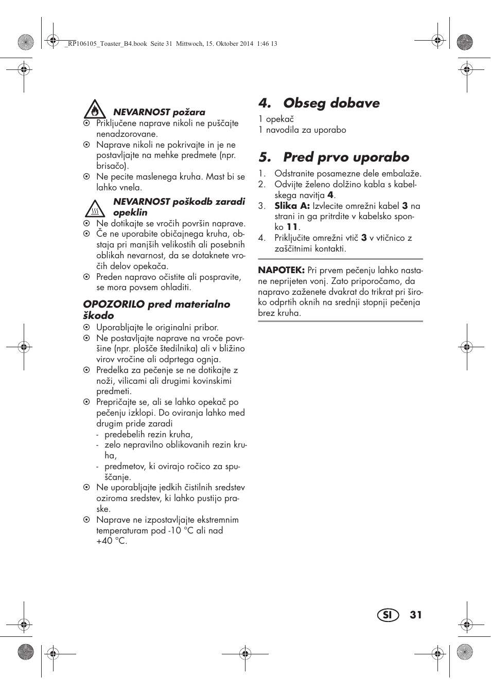 Obseg dobave, Pred prvo uporabo | Silvercrest STS 920 A1 User Manual | Page 33 / 62