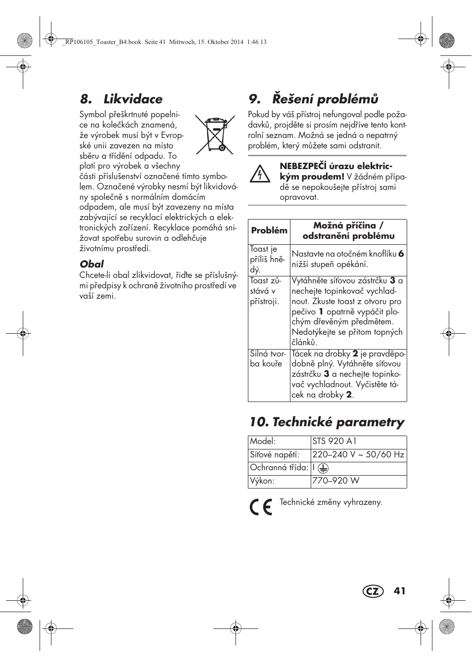 Likvidace, ešení problém, Technické parametry | Silvercrest STS 920 A1 User Manual | Page 43 / 62