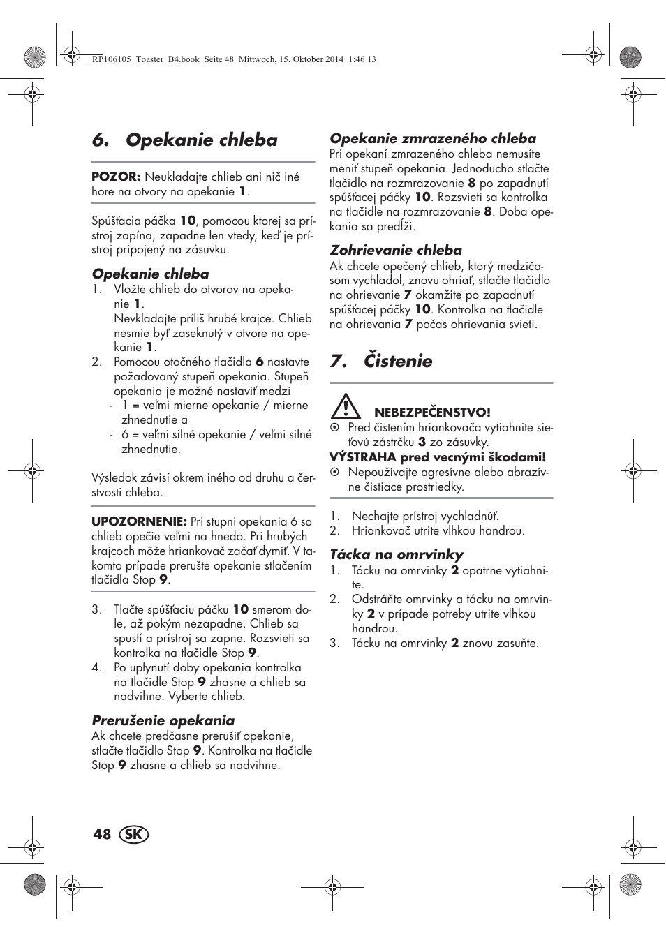 Opekanie chleba, istenie | Silvercrest STS 920 A1 User Manual | Page 50 / 62