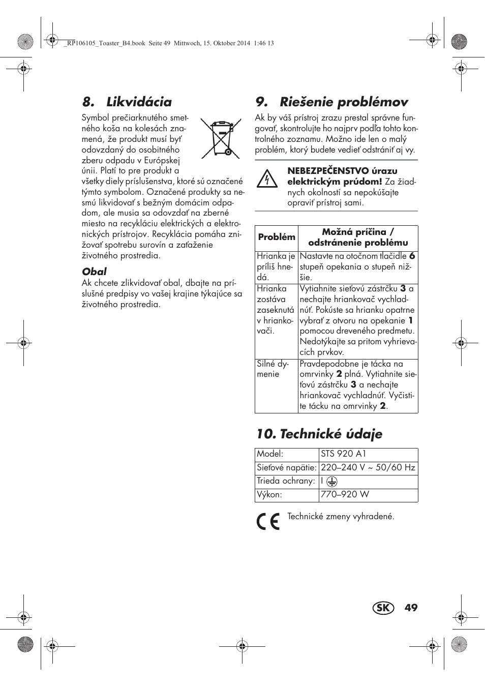 Likvidácia, Riešenie problémov, Technické údaje | Silvercrest STS 920 A1 User Manual | Page 51 / 62