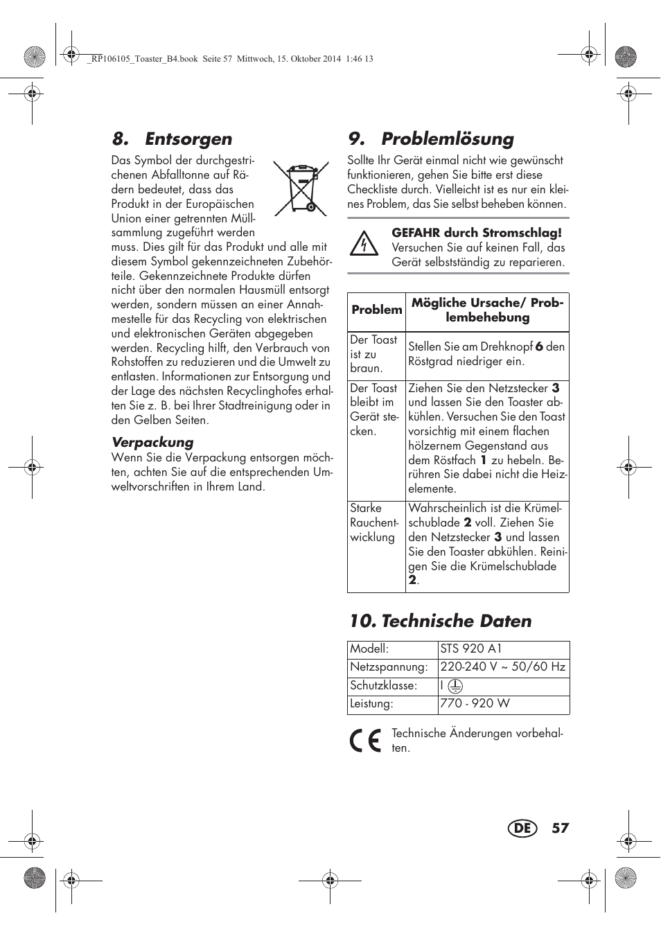 Entsorgen, Problemlösung, Technische daten | Silvercrest STS 920 A1 User Manual | Page 59 / 62