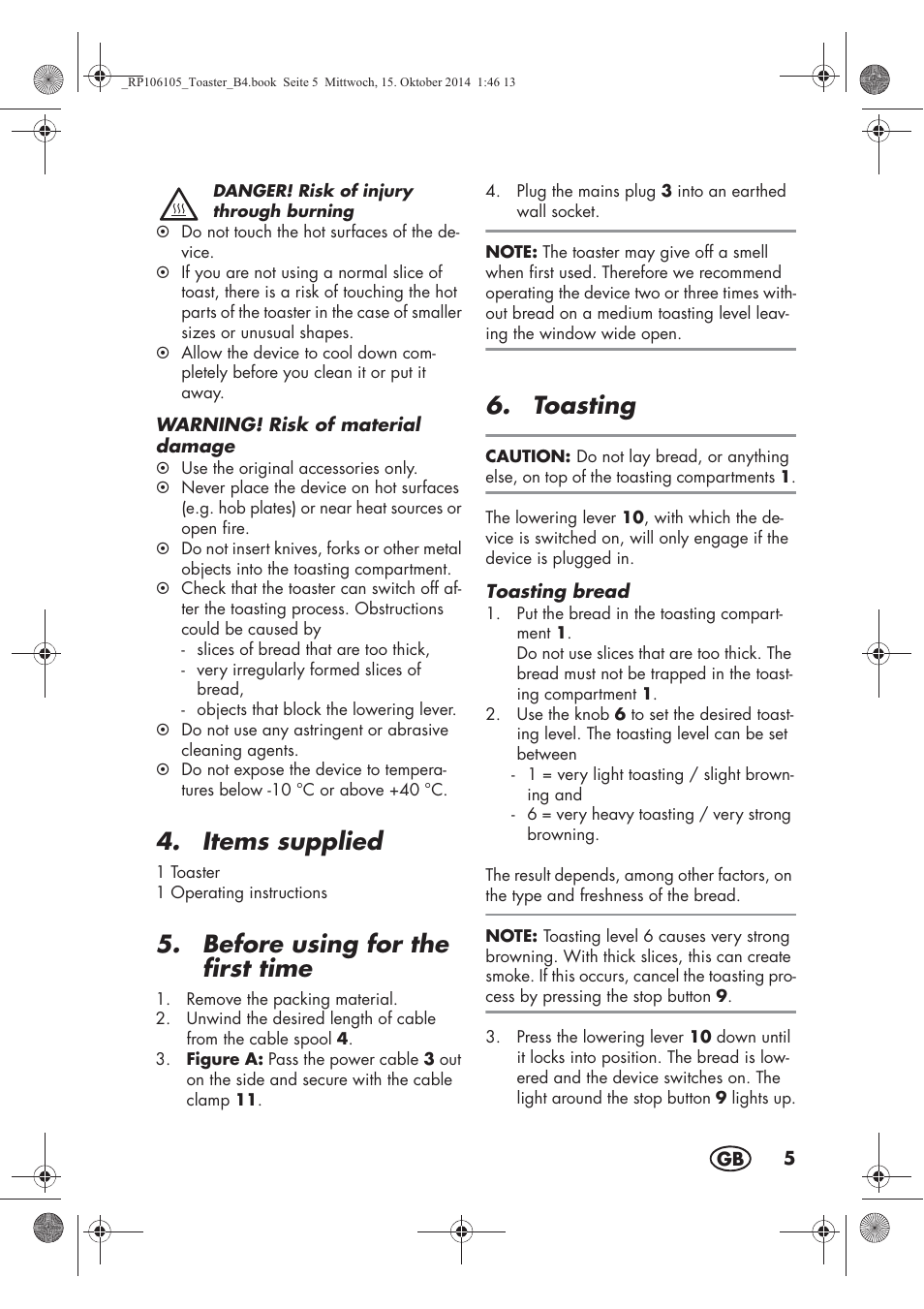 Items supplied, Before using for the first time, Toasting | Silvercrest STS 920 A1 User Manual | Page 7 / 62