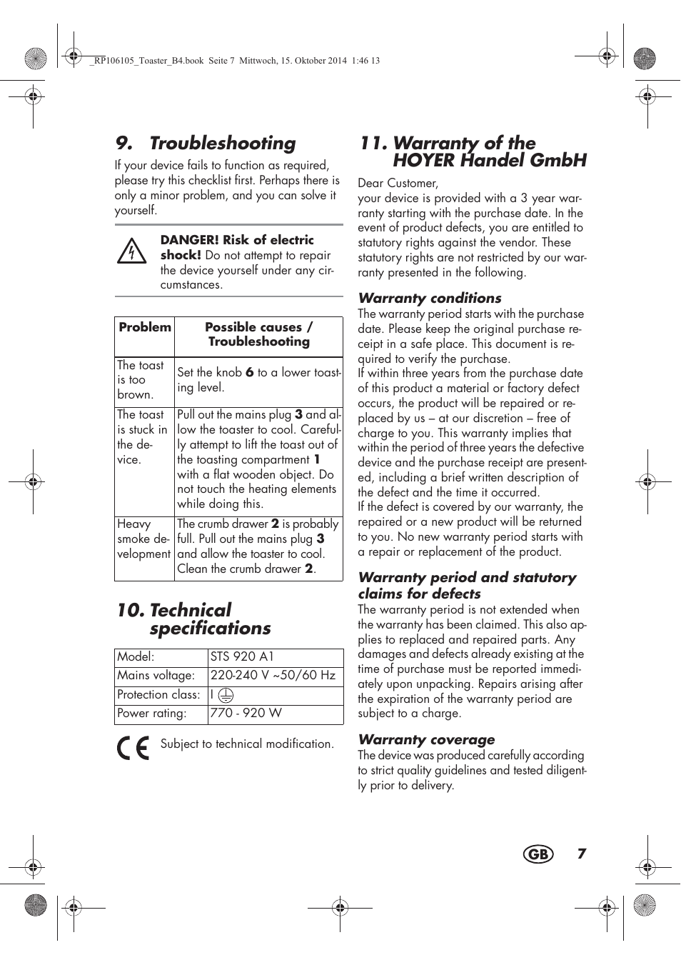 Troubleshooting, Technical specifications, Warranty of the hoyer handel gmbh | Silvercrest STS 920 A1 User Manual | Page 9 / 62
