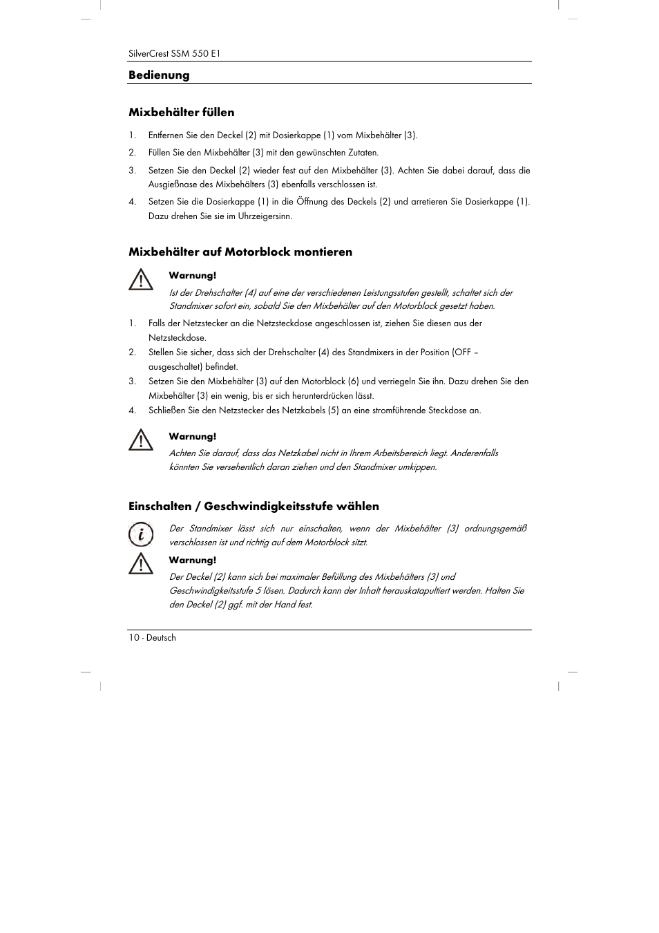 Bedienung mixbehälter füllen, Mixbehälter auf motorblock montieren, Einschalten / geschwindigkeitsstufe wählen | Silvercrest SSM 550 E1 User Manual | Page 12 / 90