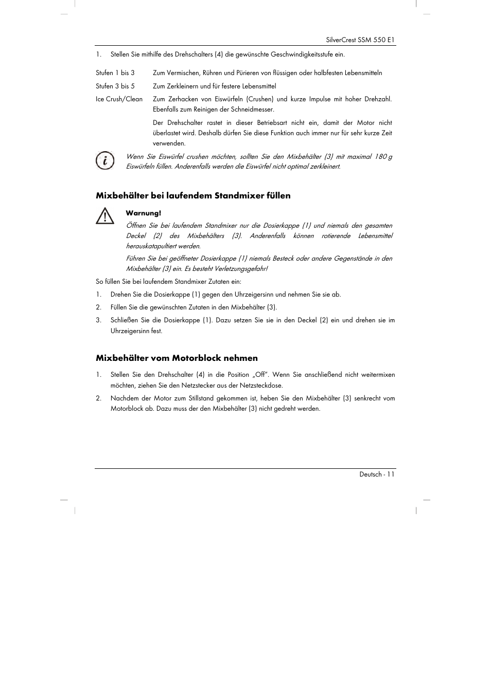 Mixbehälter bei laufendem standmixer füllen, Mixbehälter vom motorblock nehmen | Silvercrest SSM 550 E1 User Manual | Page 13 / 90