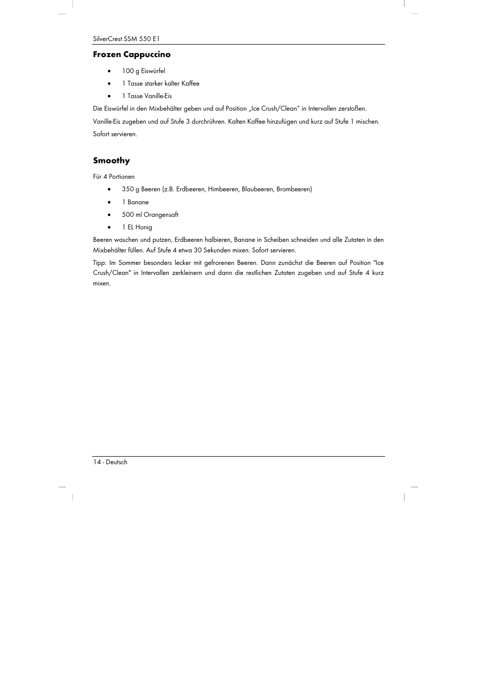 Frozen cappuccino, Smoothy | Silvercrest SSM 550 E1 User Manual | Page 16 / 90