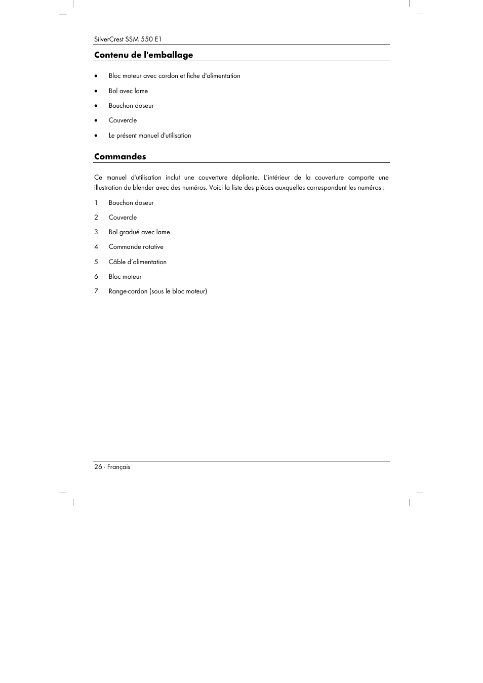 Contenu de l'emballage, Commandes | Silvercrest SSM 550 E1 User Manual | Page 28 / 90