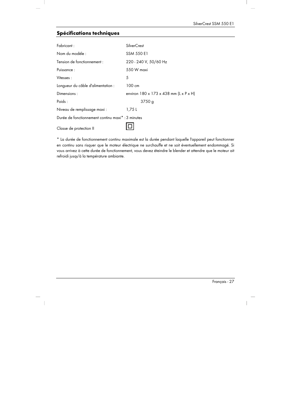 Spécifications techniques | Silvercrest SSM 550 E1 User Manual | Page 29 / 90