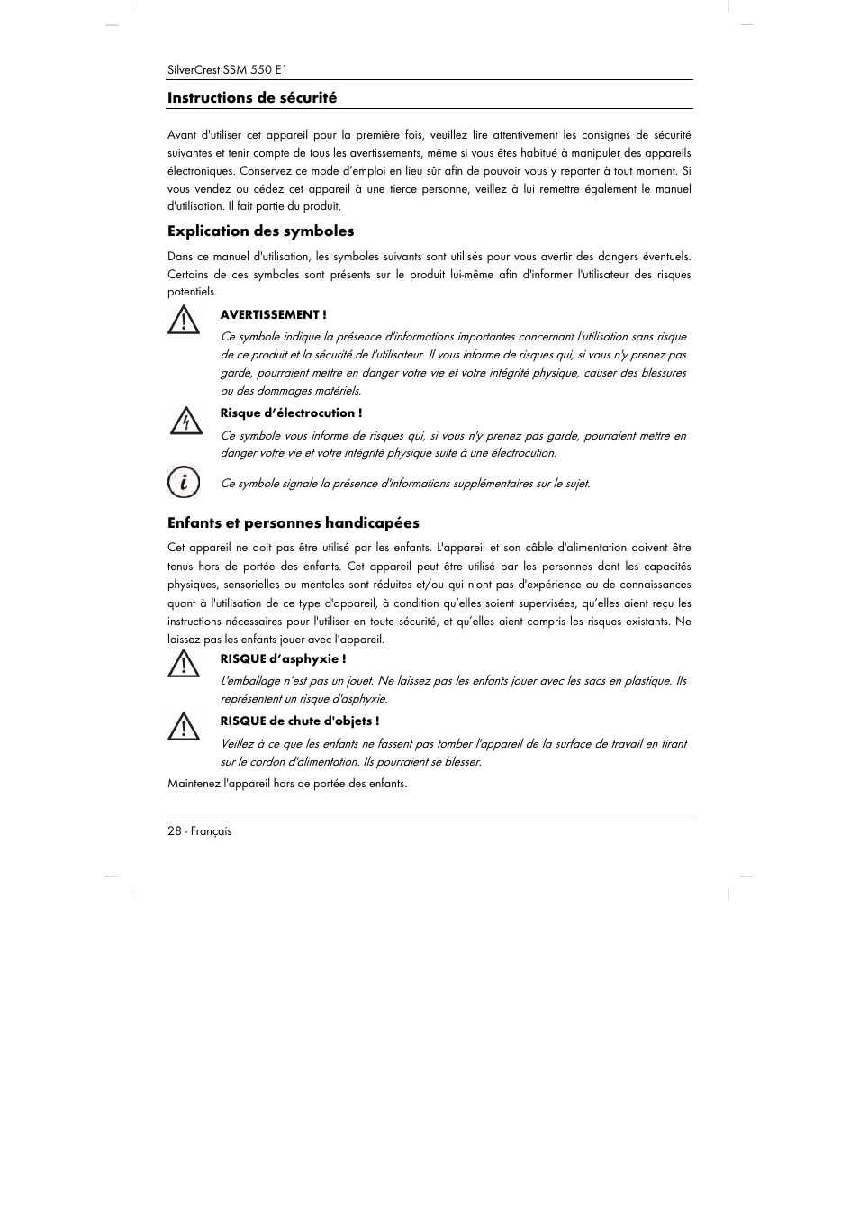 Instructions de sécurité, Explication des symboles, Enfants et personnes handicapées | Silvercrest SSM 550 E1 User Manual | Page 30 / 90