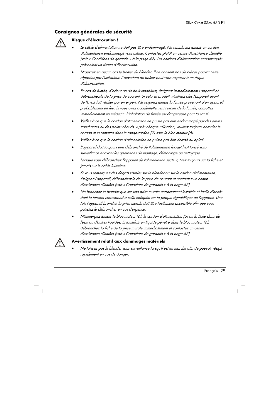 Consignes générales de sécurité | Silvercrest SSM 550 E1 User Manual | Page 31 / 90