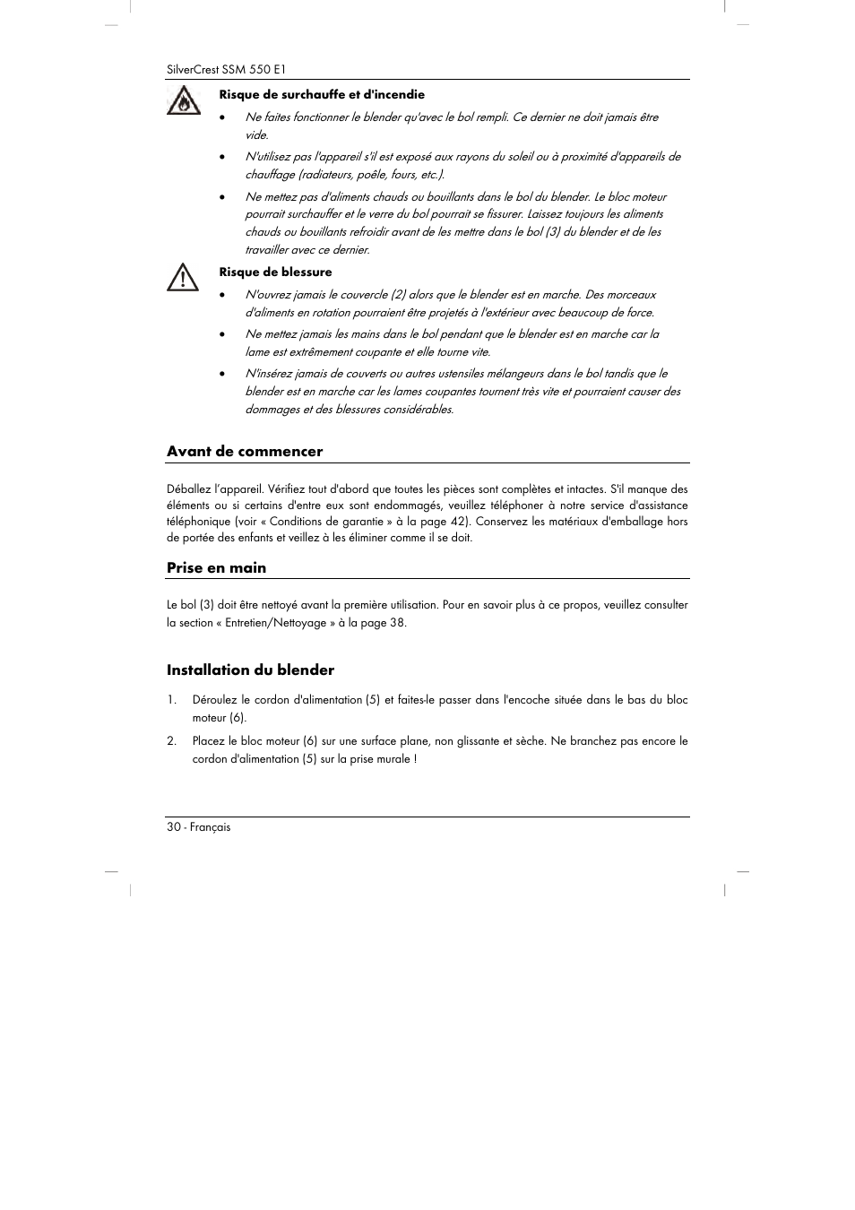 Avant de commencer, Prise en main, Installation du blender | Silvercrest SSM 550 E1 User Manual | Page 32 / 90