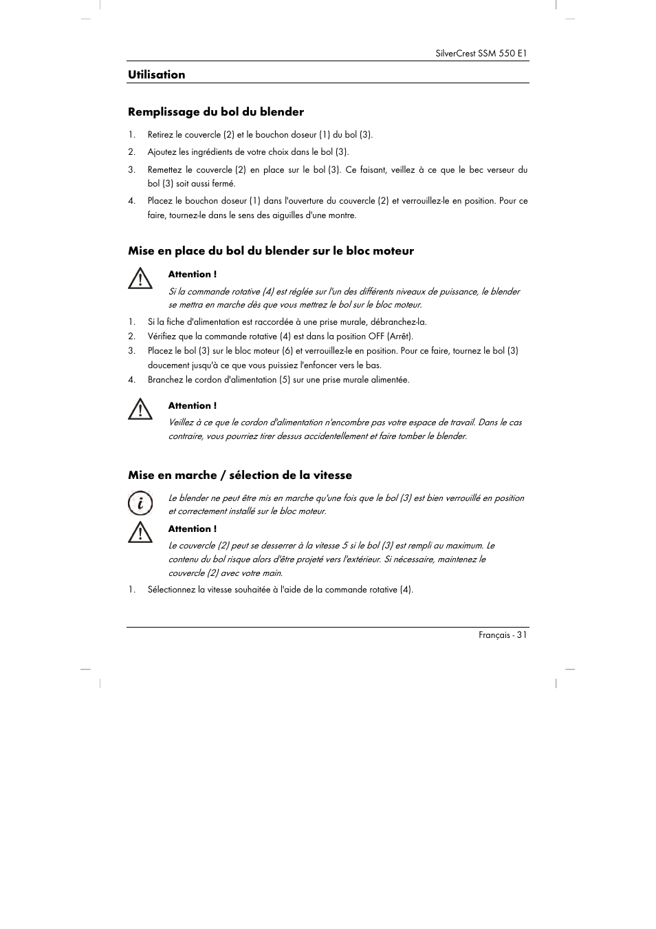 Utilisation remplissage du bol du blender, Mise en place du bol du blender sur le bloc moteur, Mise en marche / sélection de la vitesse | Silvercrest SSM 550 E1 User Manual | Page 33 / 90