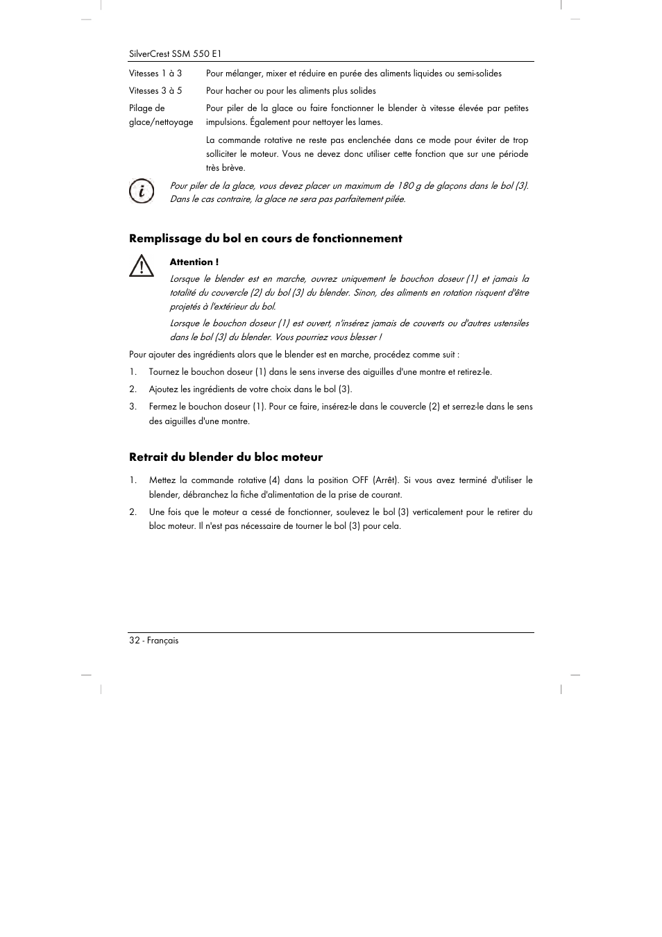 Remplissage du bol en cours de fonctionnement, Retrait du blender du bloc moteur | Silvercrest SSM 550 E1 User Manual | Page 34 / 90