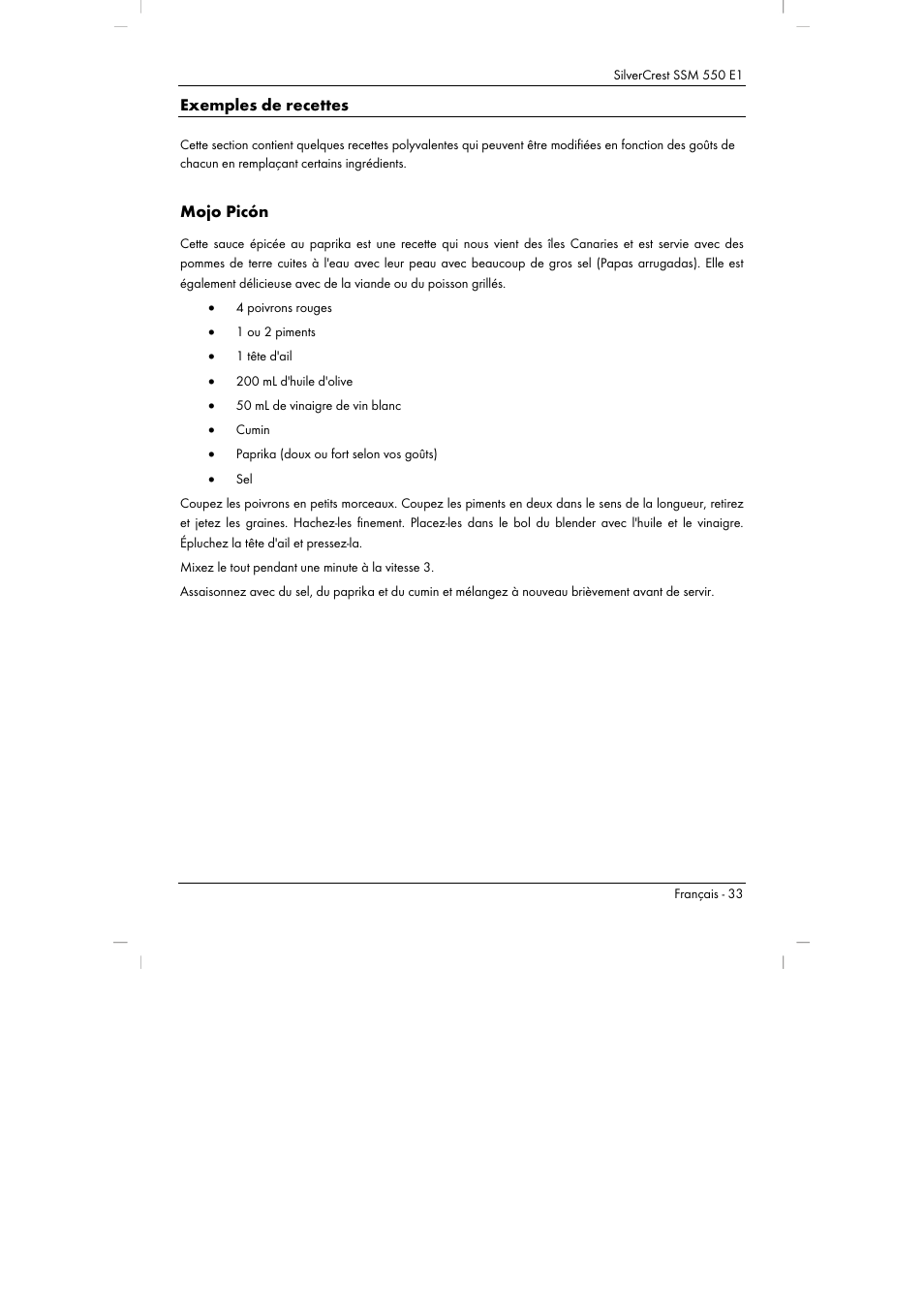 Exemples de recettes, Mojo picón | Silvercrest SSM 550 E1 User Manual | Page 35 / 90