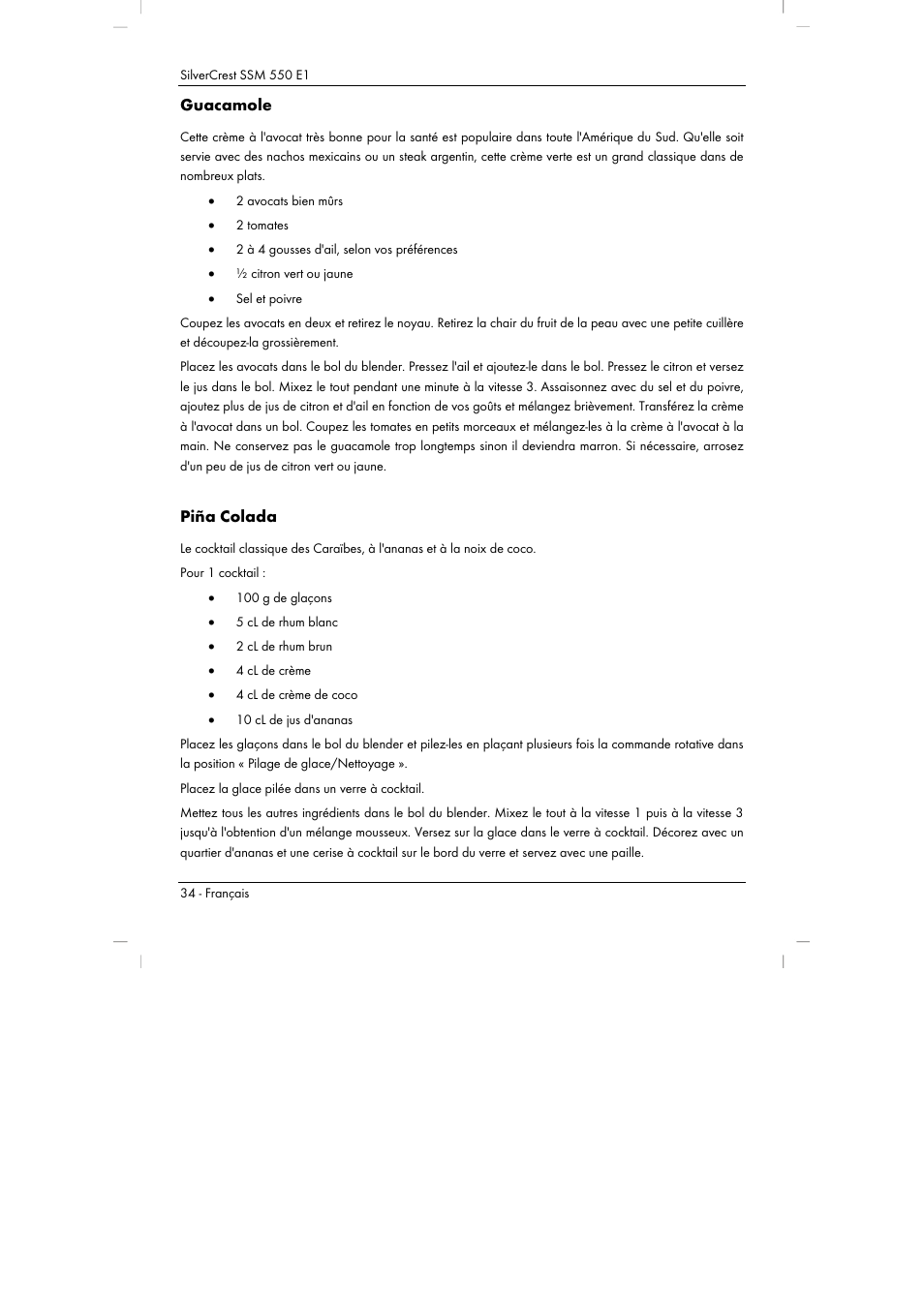 Guacamole, Piña colada | Silvercrest SSM 550 E1 User Manual | Page 36 / 90