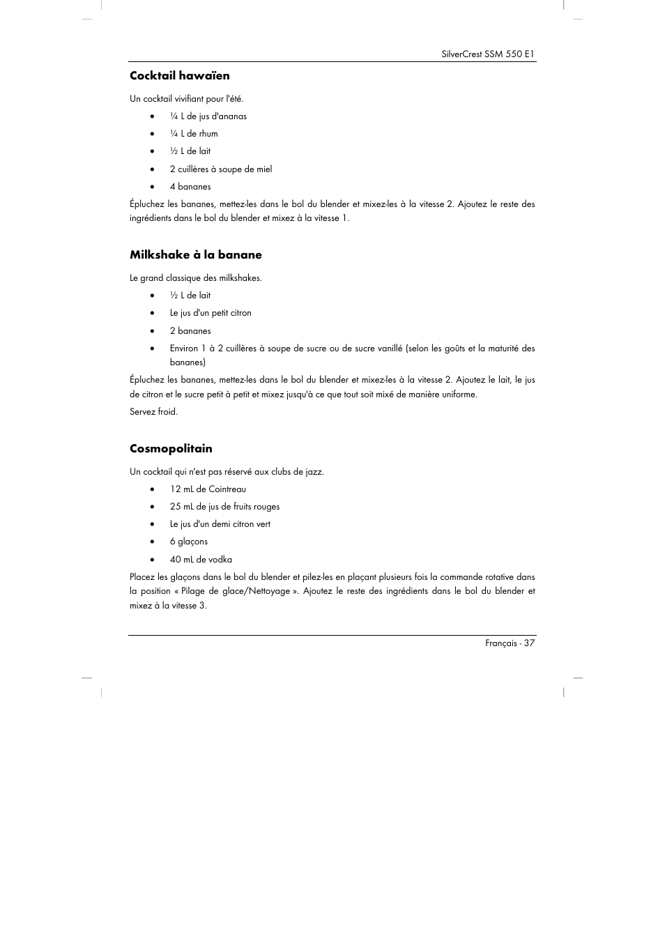 Cocktail hawaïen, Milkshake à la banane, Cosmopolitain | Silvercrest SSM 550 E1 User Manual | Page 39 / 90