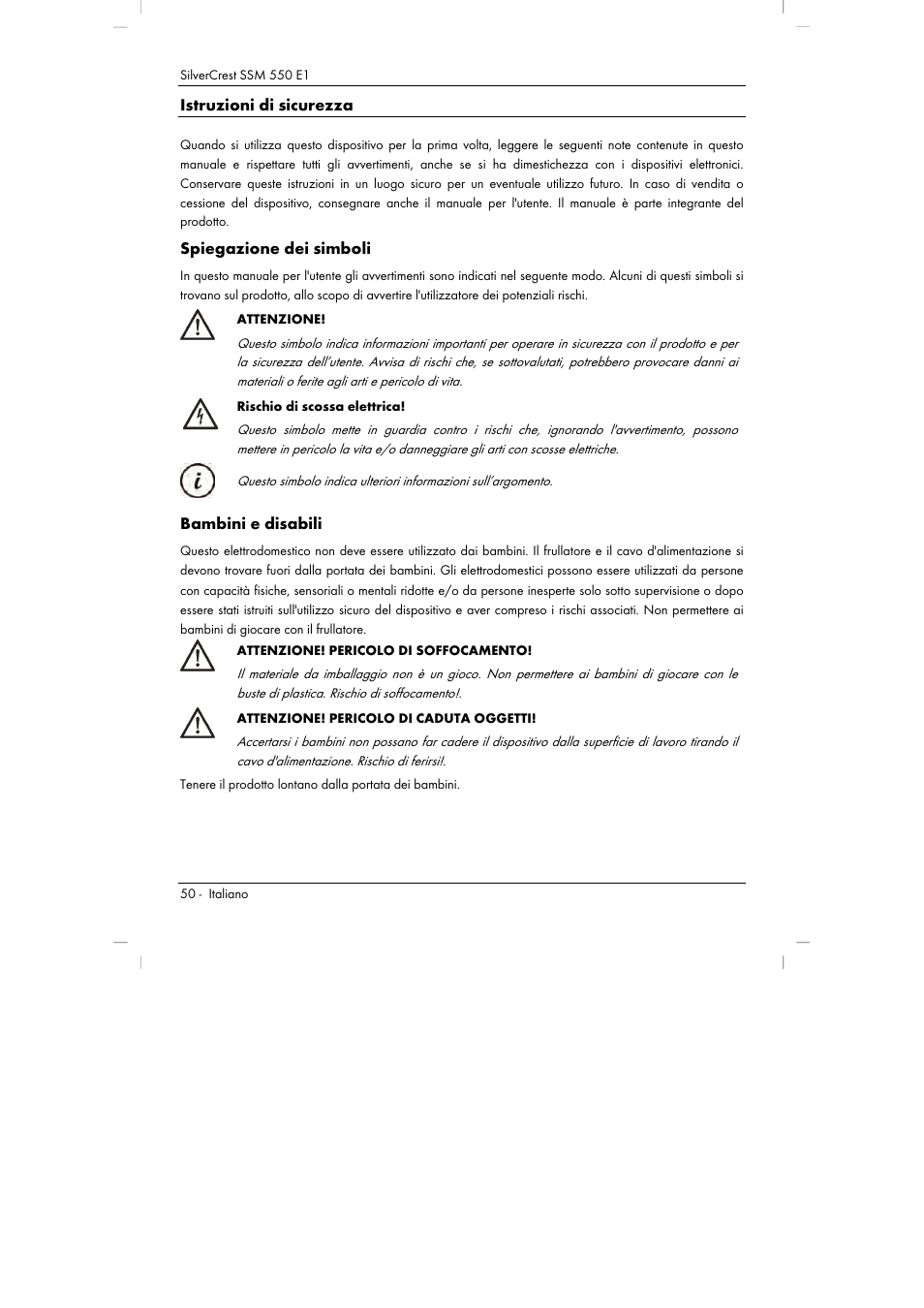 Istruzioni di sicurezza, Spiegazione dei simboli, Bambini e disabili | Silvercrest SSM 550 E1 User Manual | Page 52 / 90