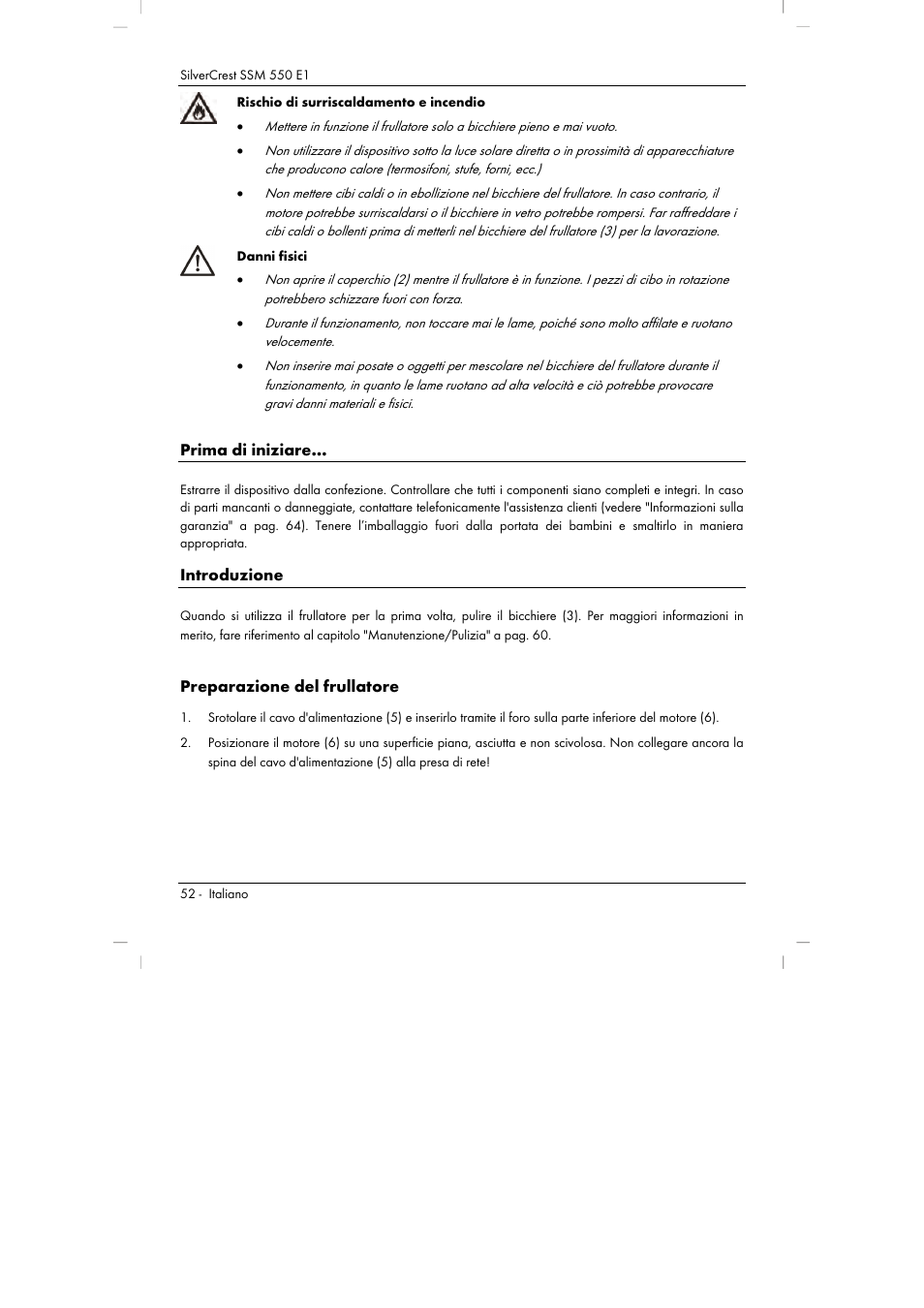 Prima di iniziare, Introduzione, Preparazione del frullatore | Silvercrest SSM 550 E1 User Manual | Page 54 / 90