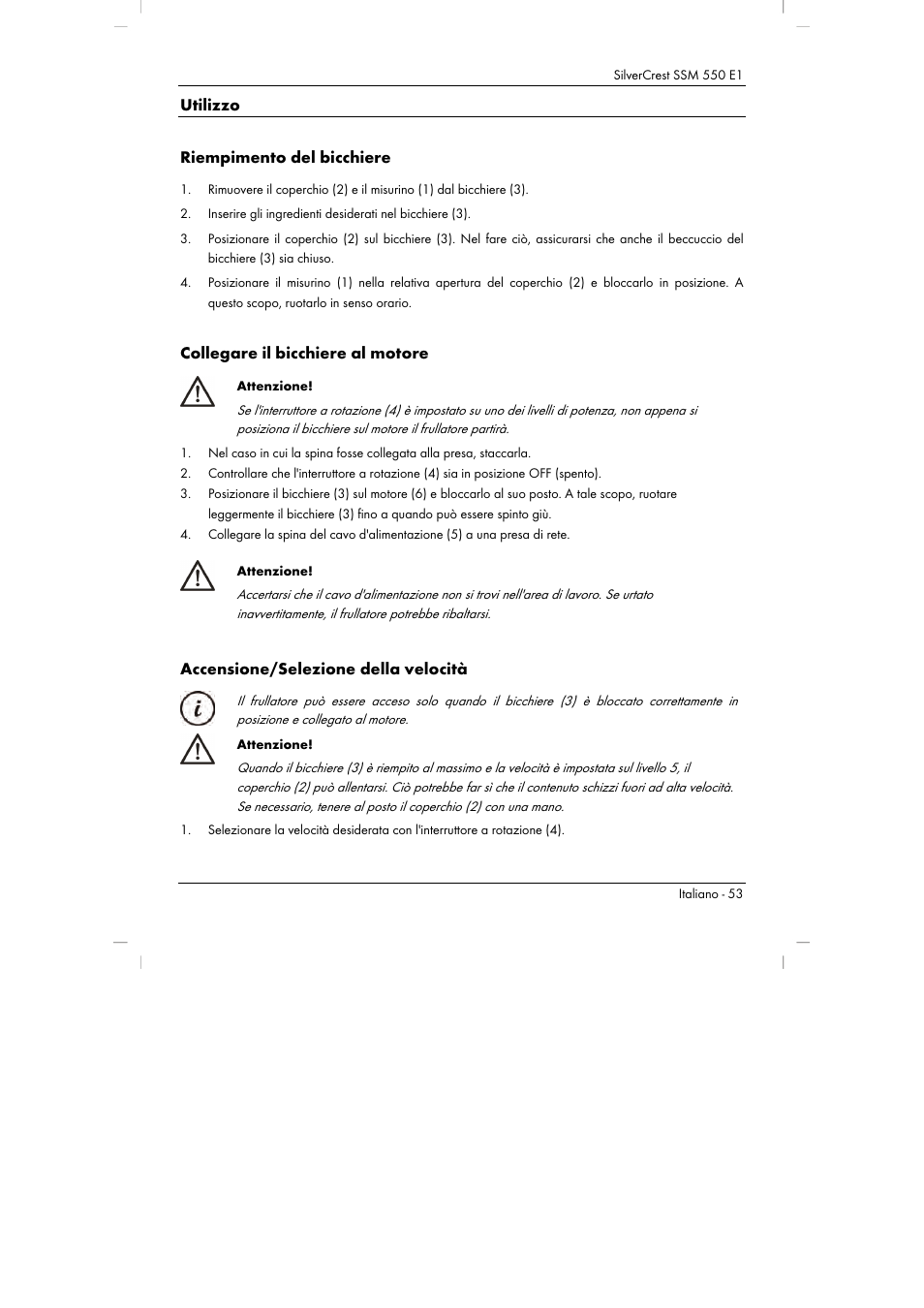 Utilizzo riempimento del bicchiere, Collegare il bicchiere al motore, Accensione/selezione della velocità | Silvercrest SSM 550 E1 User Manual | Page 55 / 90