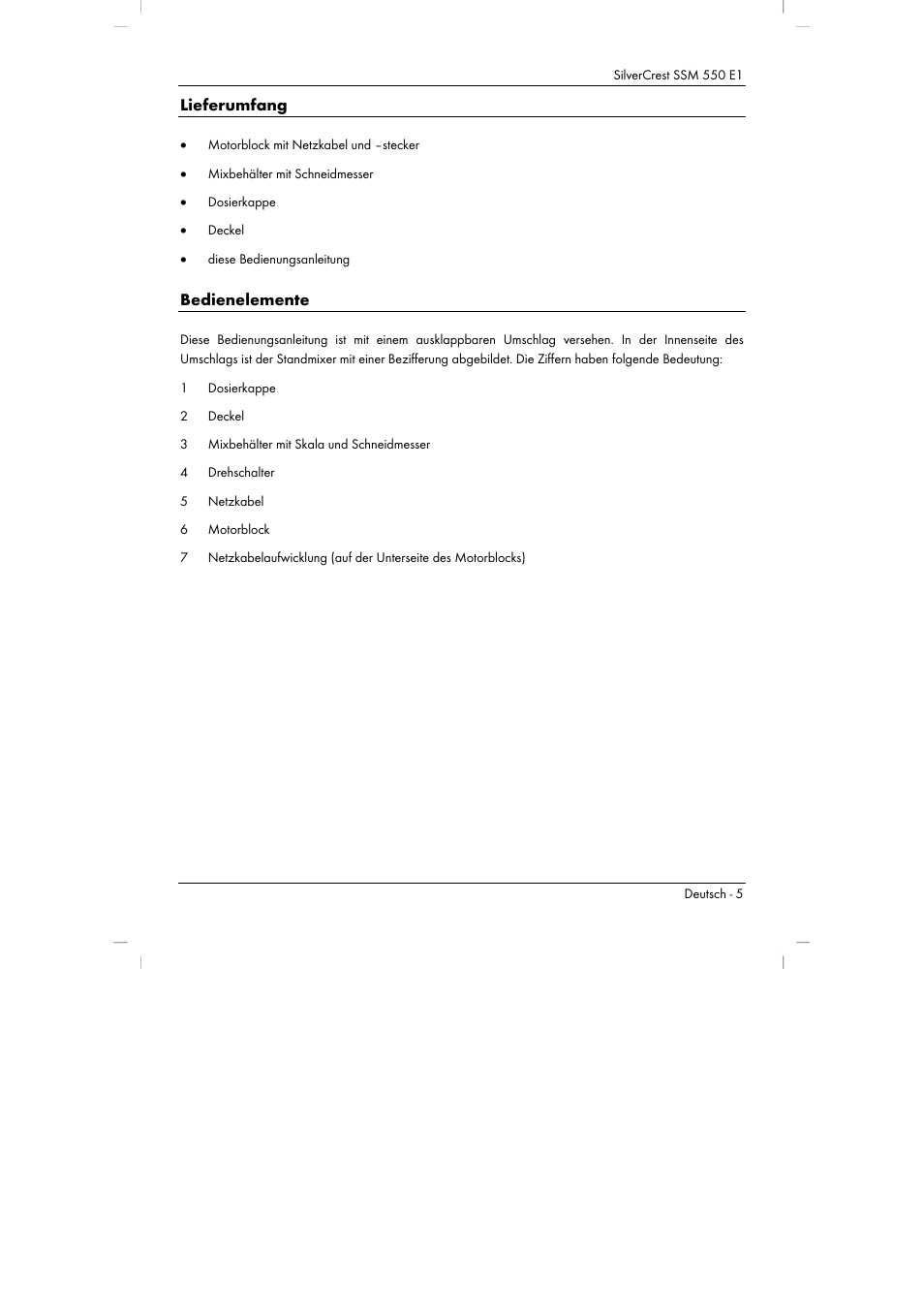 Lieferumfang, Bedienelemente | Silvercrest SSM 550 E1 User Manual | Page 7 / 90