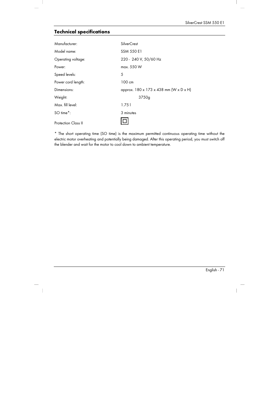 Technical specifications | Silvercrest SSM 550 E1 User Manual | Page 73 / 90