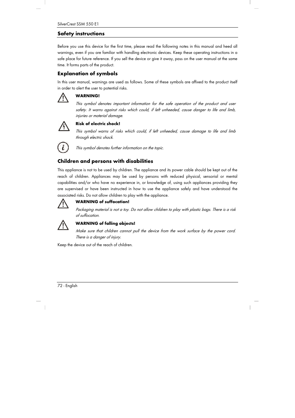 Safety instructions, Explanation of symbols, Children and persons with disabilities | Silvercrest SSM 550 E1 User Manual | Page 74 / 90