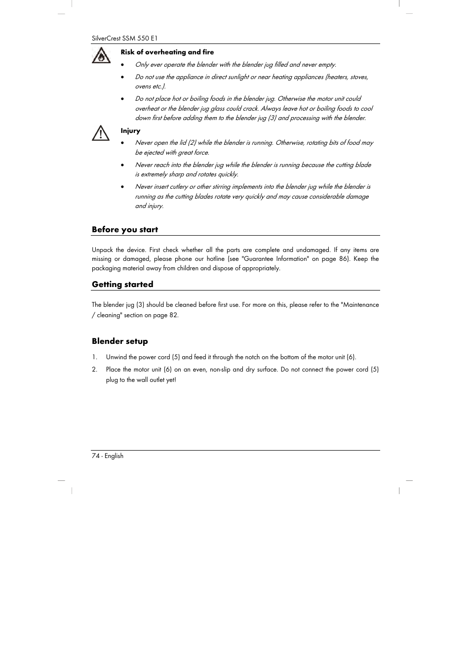 Before you start, Getting started, Blender setup | Silvercrest SSM 550 E1 User Manual | Page 76 / 90