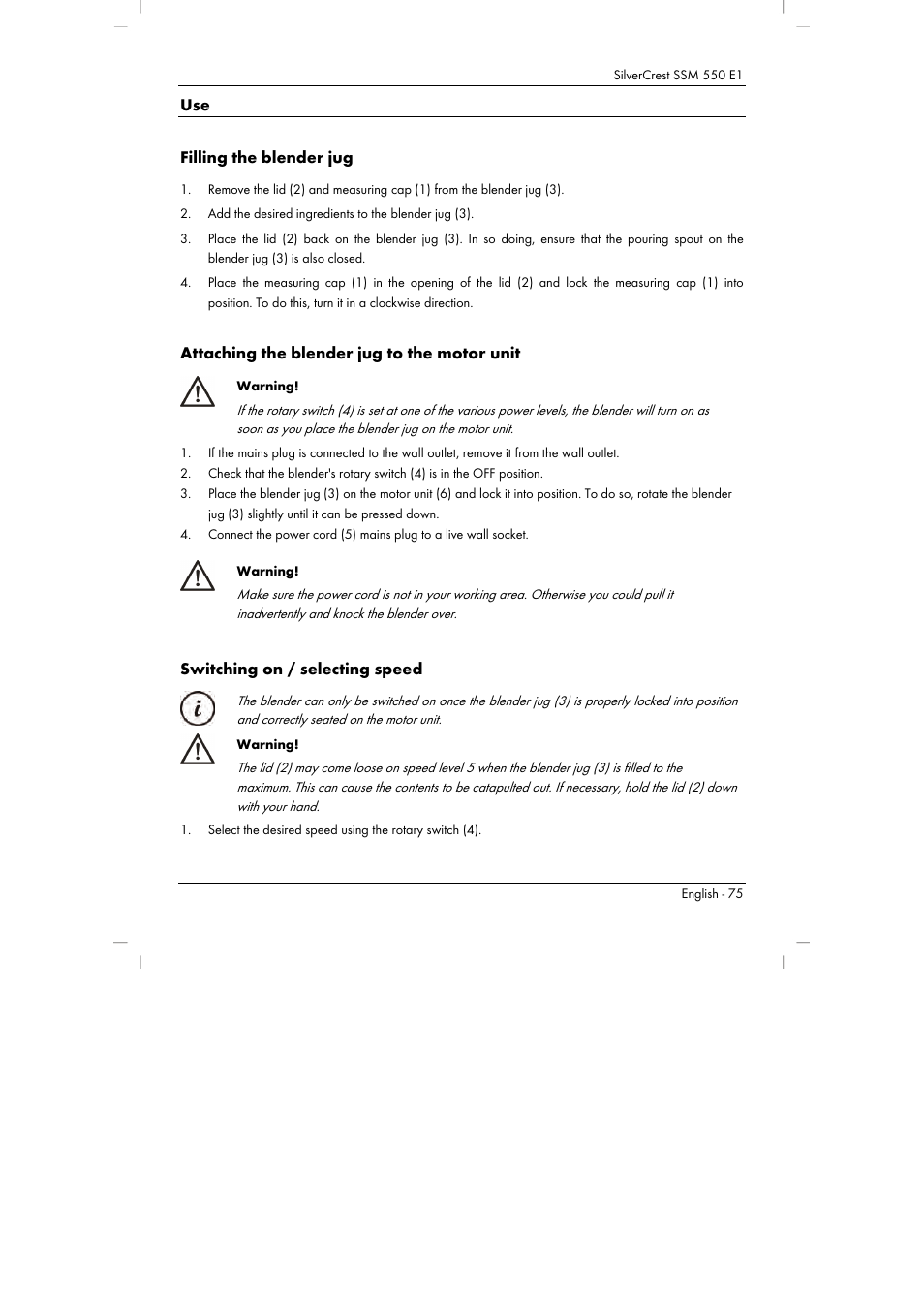 Use filling the blender jug, Attaching the blender jug to the motor unit, Switching on / selecting speed | Silvercrest SSM 550 E1 User Manual | Page 77 / 90