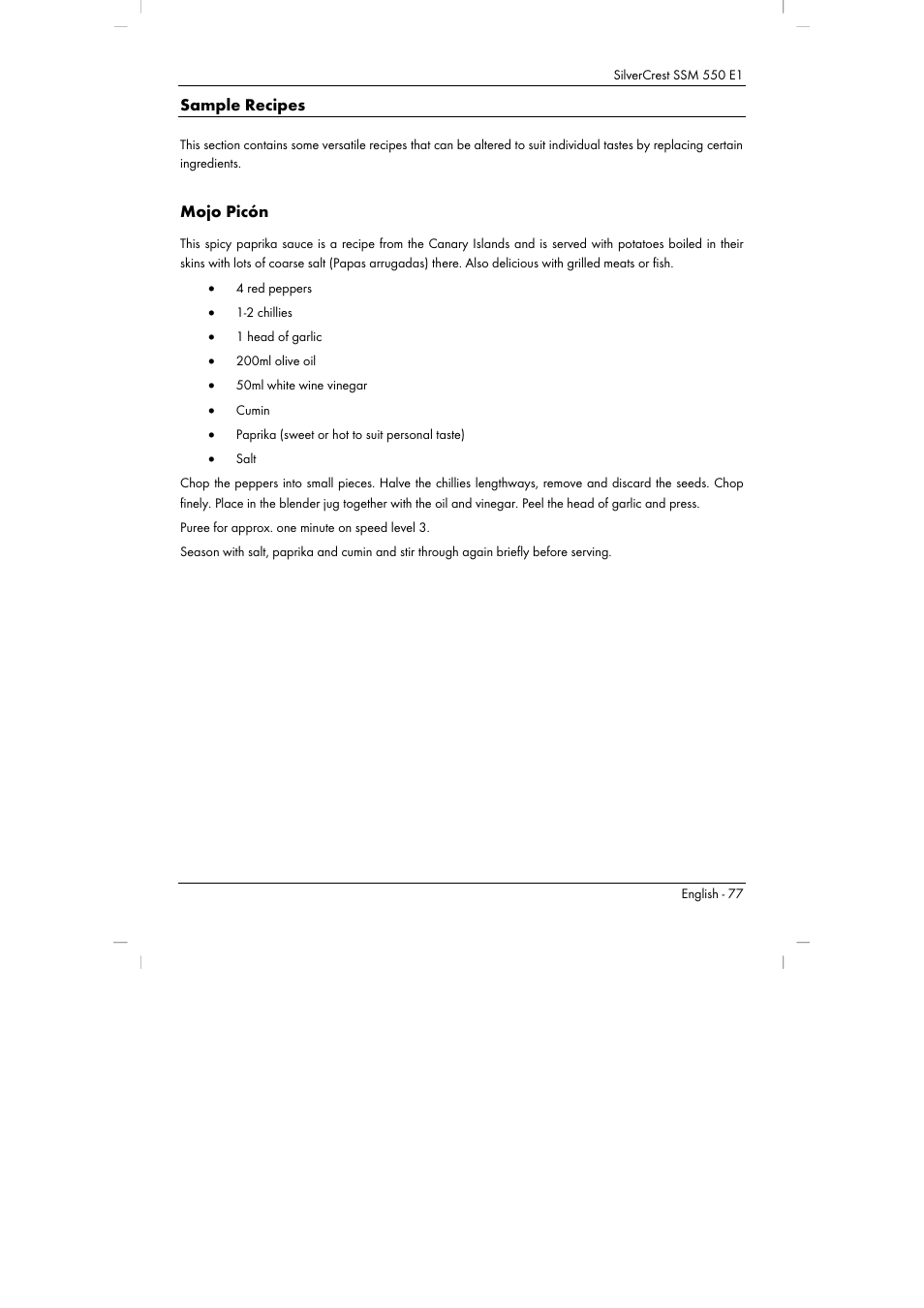 Sample recipes, Mojo picón | Silvercrest SSM 550 E1 User Manual | Page 79 / 90