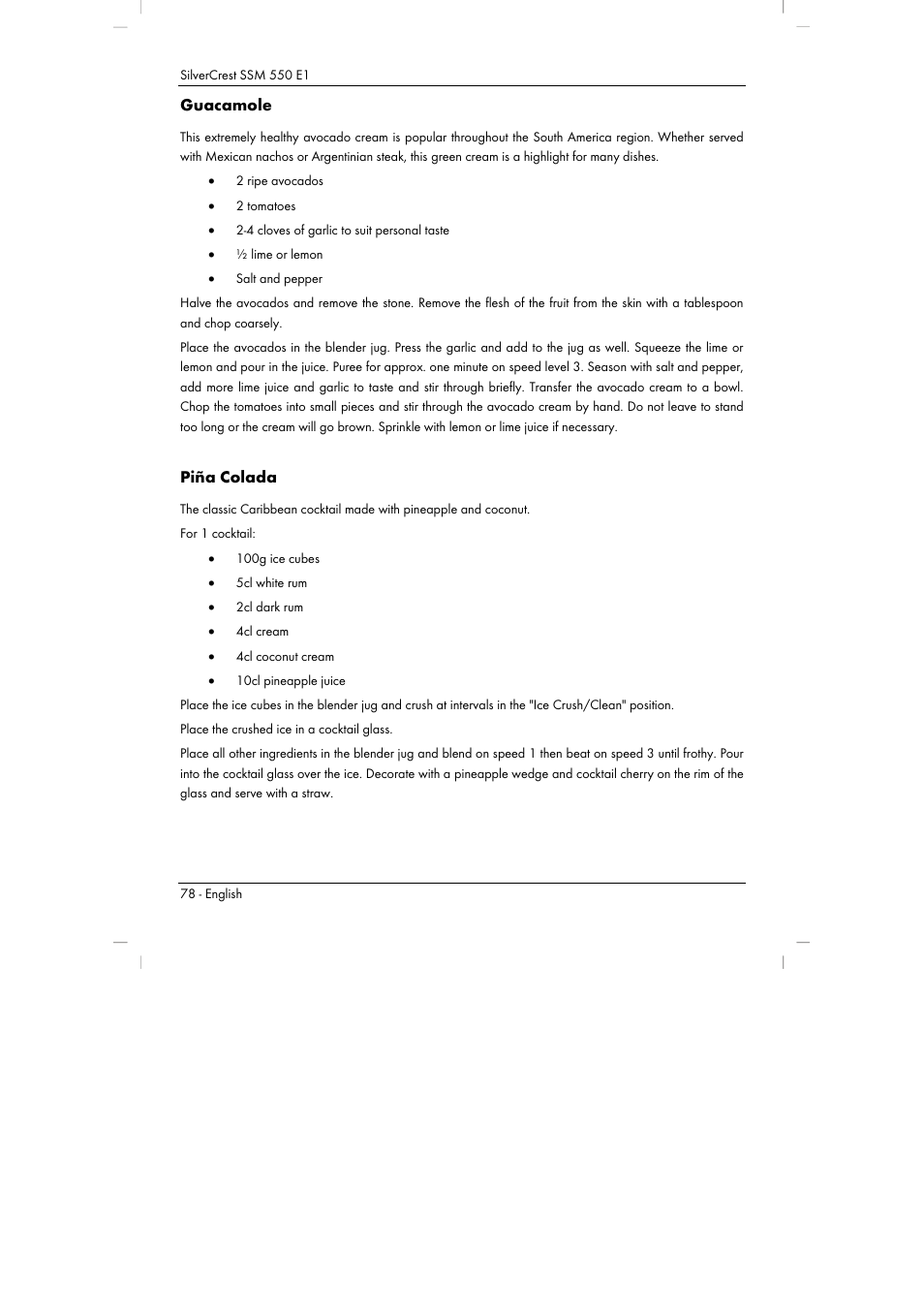 Guacamole, Piña colada | Silvercrest SSM 550 E1 User Manual | Page 80 / 90