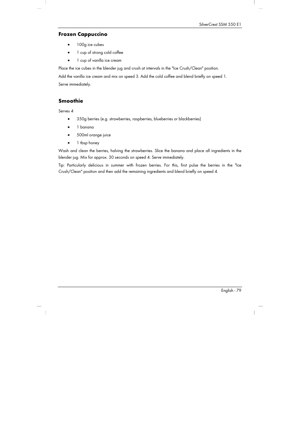 Frozen cappuccino, Smoothie | Silvercrest SSM 550 E1 User Manual | Page 81 / 90